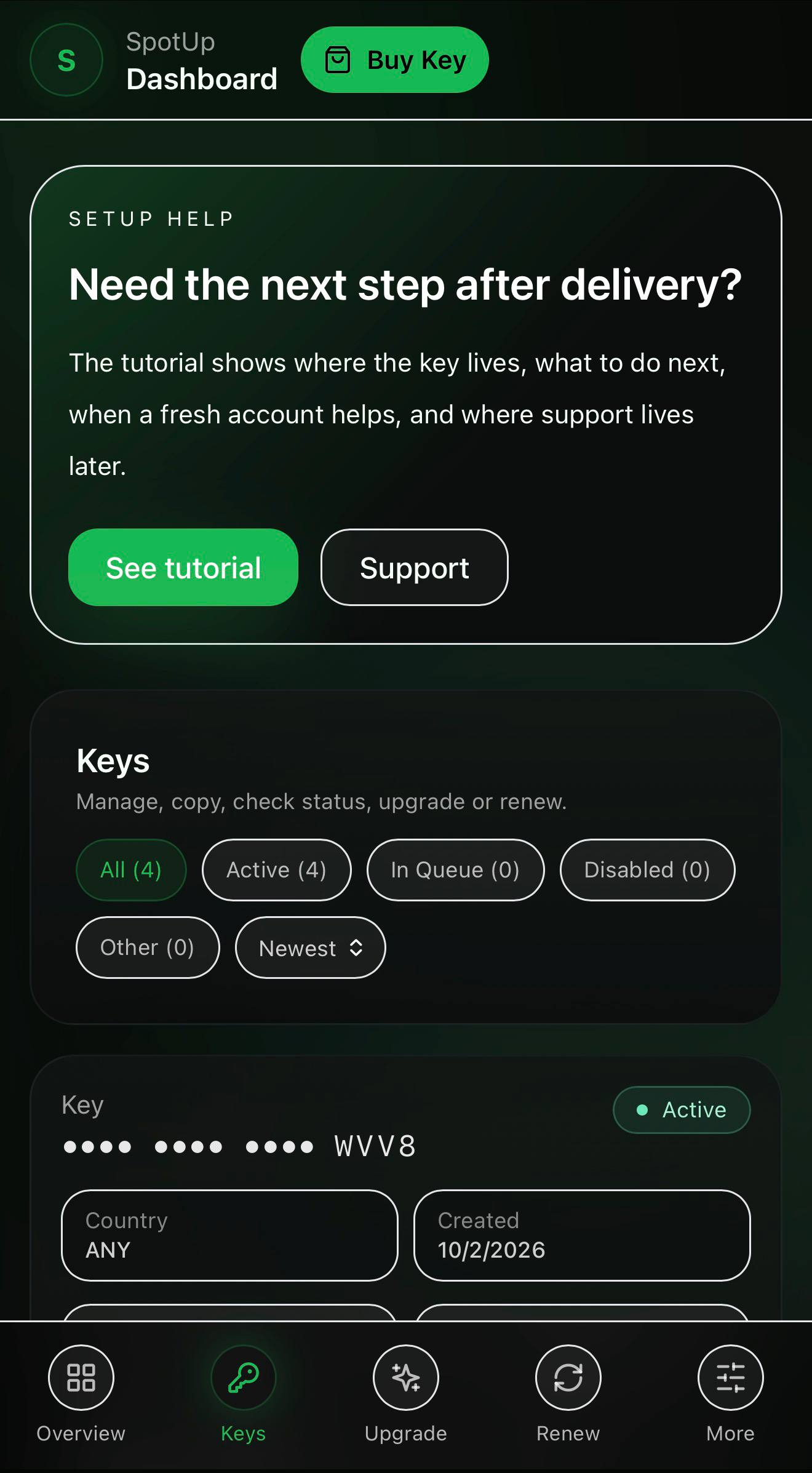 SpotUp dashboard showing a masked delivered key and account status
